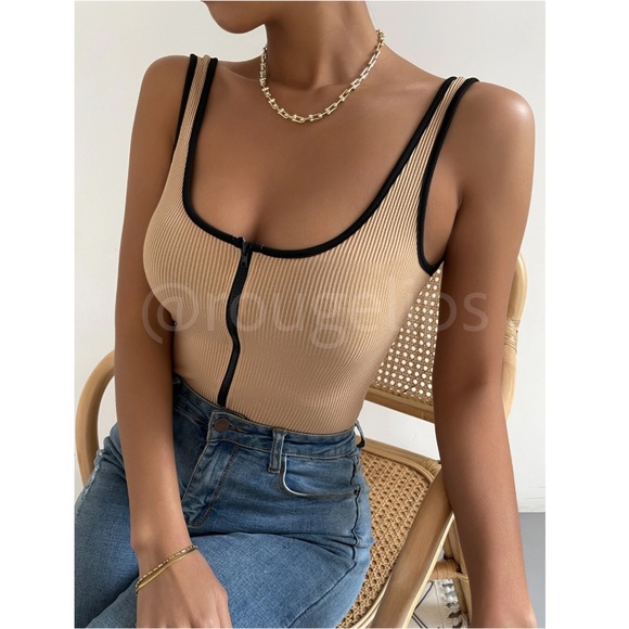Tan Bodysuit Contrast Black Binding Trim Fitted Nude Beige Camel Ribbed Zip - Picture 4 of 7